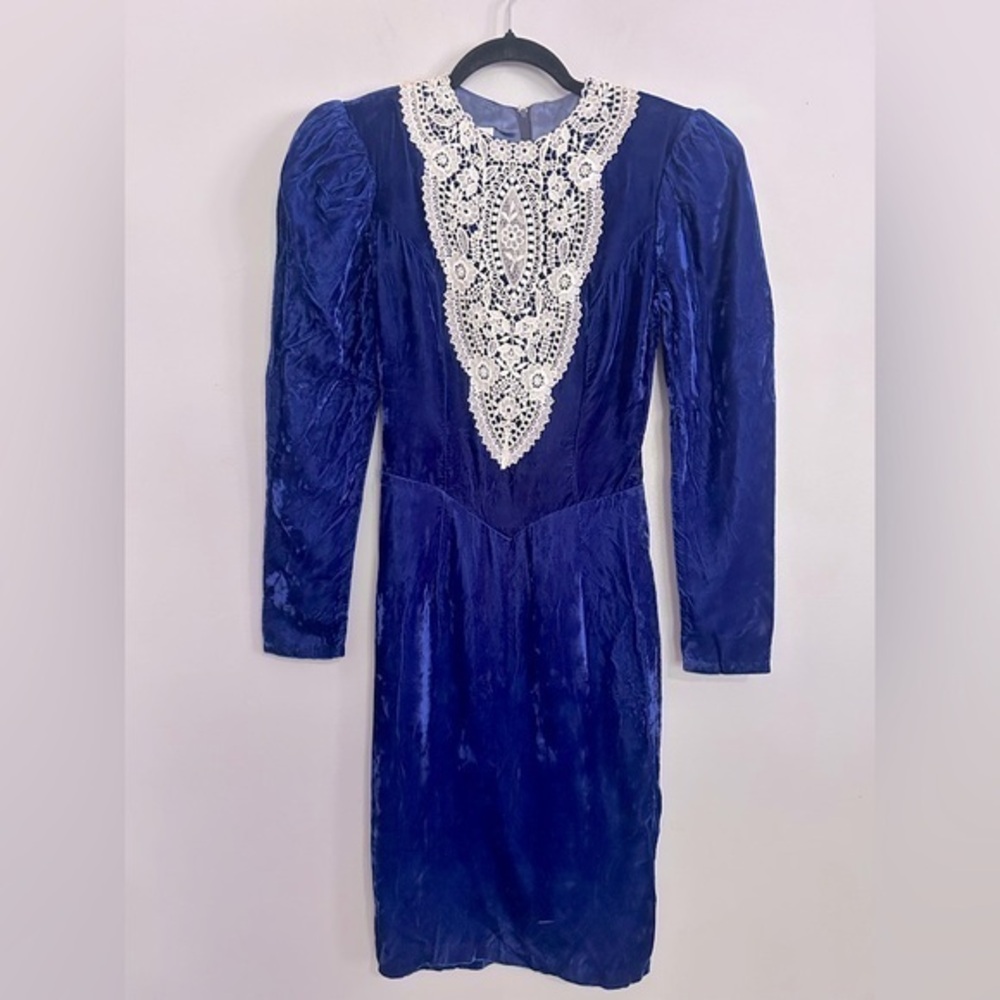 Vintage Rare Gunne Sax Jessica McClintock Blue Velvet Lace Collar Dress Size 3